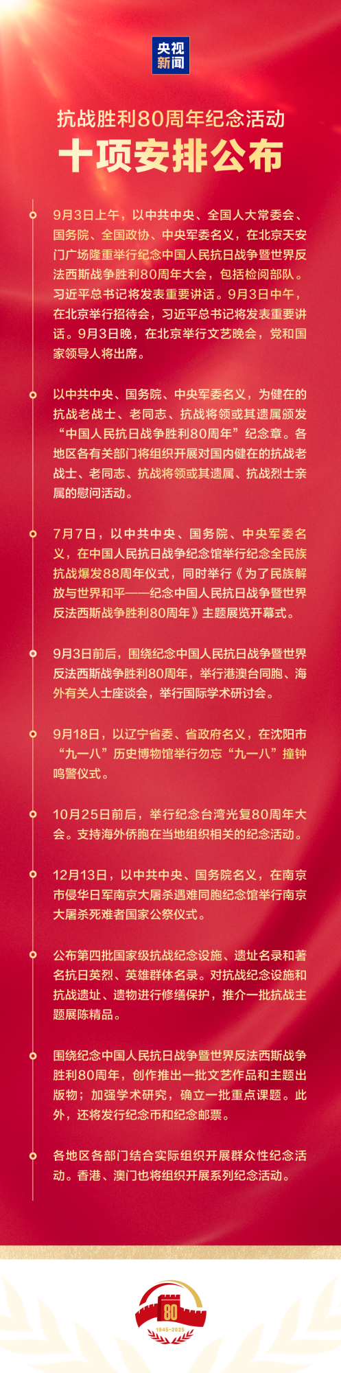 抗战胜利80周年纪念活动十项安排，一图速览！